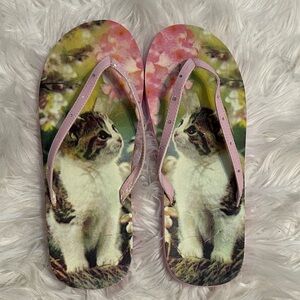 Cute Cat Print Flip Flops - Pink Sz 9-10